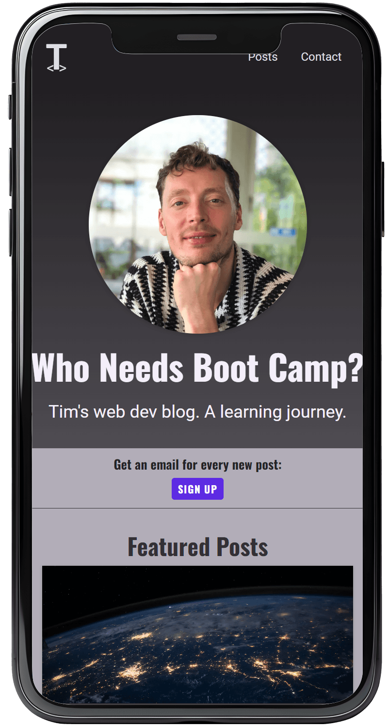 Blog homepage, a picture of Tim