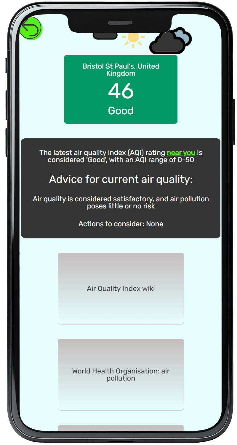 air pollution figures and a icon showing current weather