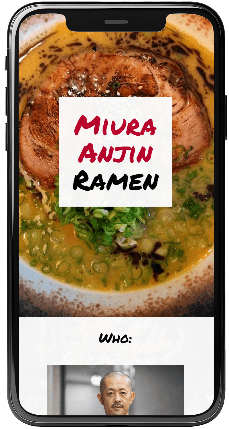 Bowl of Ramen and chef name and picture